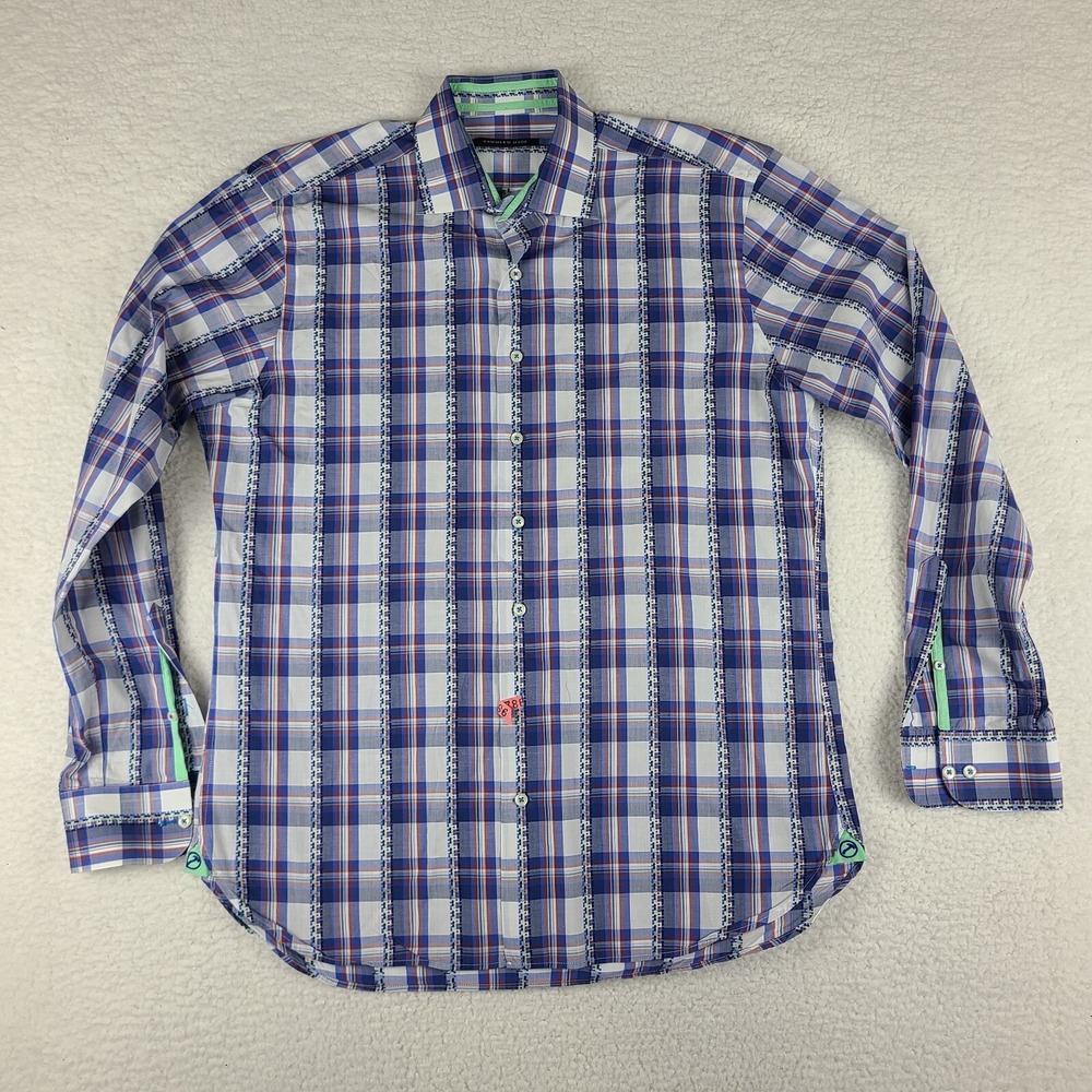 Hammer Made Dress Shirt Mens 16.5/42 Blue Red‎ Plaid Button Up FLAW